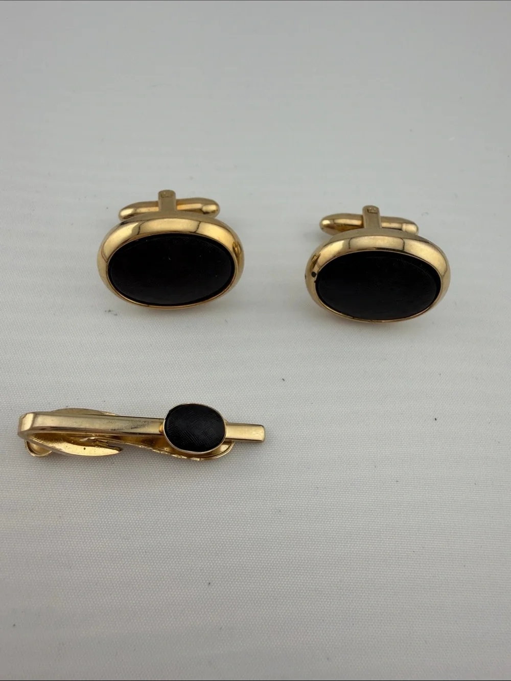 Vintage Gold-Tone Cufflinks and Tie Clip Set with Black Inset